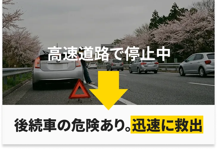 高速道路上で車が停止し、追突の危険があるため早急な救援が必要な状況を示すイメージ
            