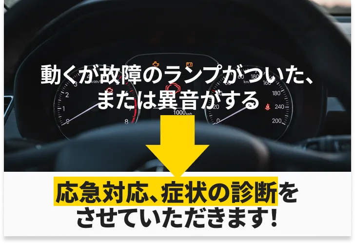 警告ランプの点灯や異音が発生し、走行に不安がある車両の状態をその場で確認し対応する場面
            