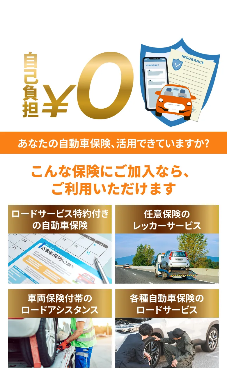自動車保険を活用することで自己負担なくロードサービスを利用でき、対象となる保険の種類を示した案内
    